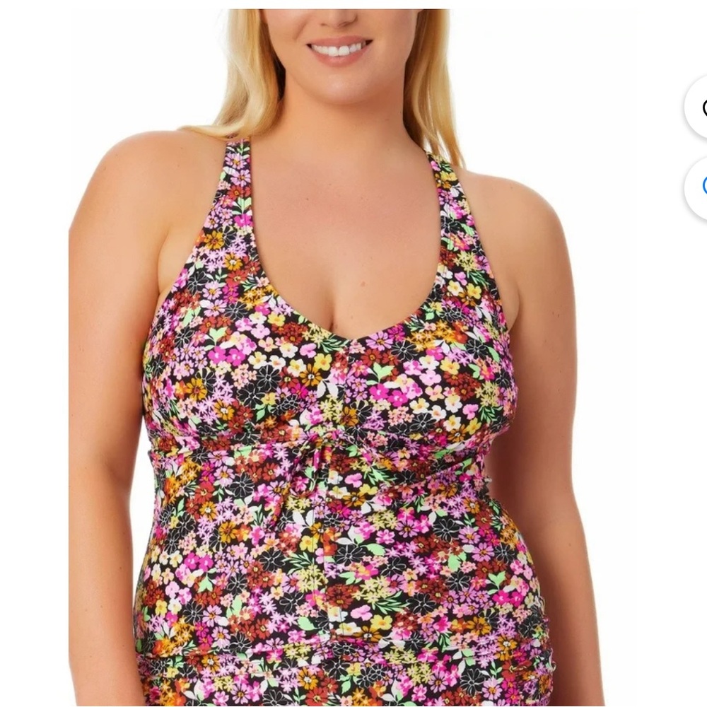 California Waves Trendy Plus Size Ditsy-Print Drawstring Tankini Top